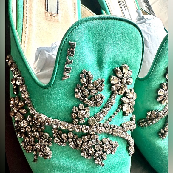 Prada Satin Green Slides Loafers Mules with crystals sz 39 US 9 - Picture 12 of 14